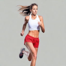 A European runner girl in a short, dynamically running towards the viewer