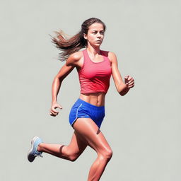 A European runner girl in a short, dynamically running towards the viewer