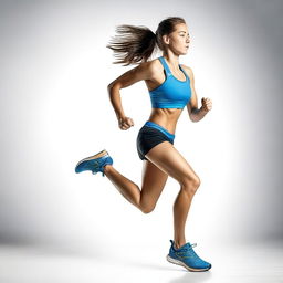 A European runner girl in a short, dynamically running towards the viewer