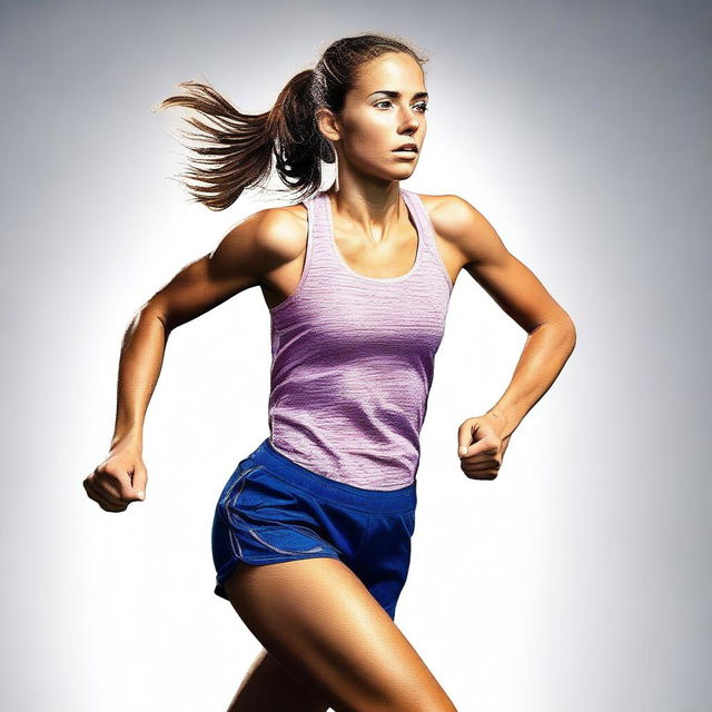 A dynamic image of a European runner girl in a short outfit, running towards the viewer