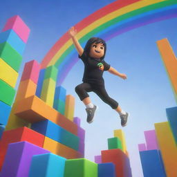 A vibrant, animated image of a Roblox character leaping between multi-coloured platforms with 'Rainbow Ascent' displayed prominently in the backdrop.