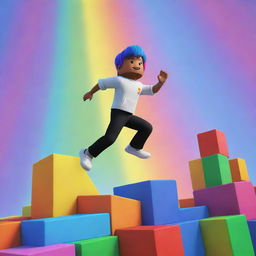 A vibrant, animated image of a Roblox character leaping between multi-coloured platforms with 'Rainbow Ascent' displayed prominently in the backdrop.