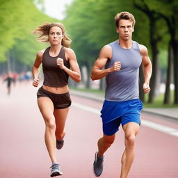 An image of a European runner man and a European girl dynamically running towards the viewer