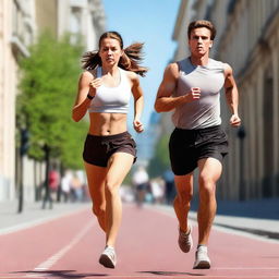 An image of a European runner man and a European girl dynamically running towards the viewer