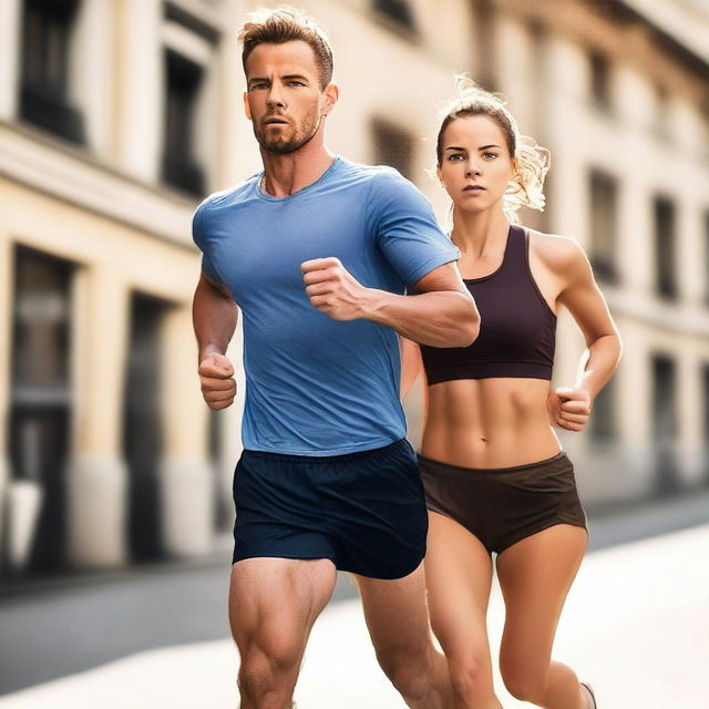 An image of a European runner man and a European girl dynamically running towards the viewer