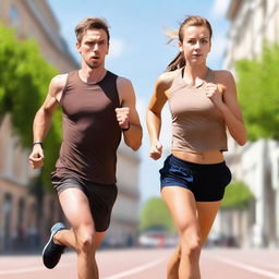 An image of a European runner man and a European girl dynamically running towards the viewer