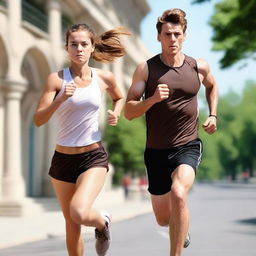 An image of a European runner man and a European girl dynamically running towards the viewer