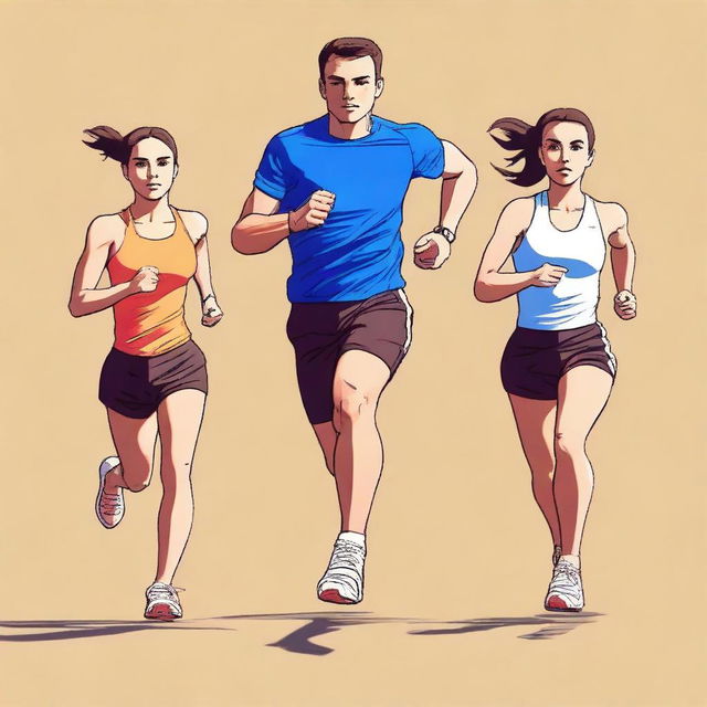 An image of a European runner man and a European girl dynamically running towards the viewer