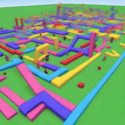 Create an image of a Roblox obby, featuring colorful and challenging obstacle courses with various platforms, jumps, and traps