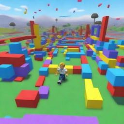 Create an image of a Roblox obby, featuring colorful and challenging obstacle courses with various platforms, jumps, and traps