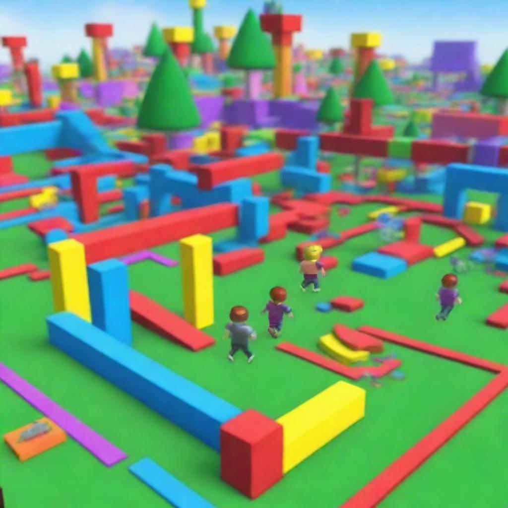 Create an image of a Roblox obby, featuring colorful and challenging obstacle courses with various platforms, jumps, and traps