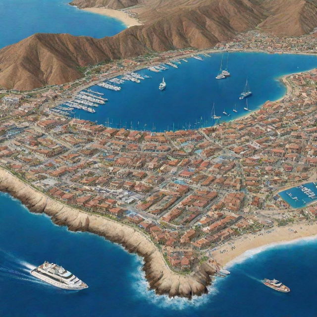 An animated, detailed map of the marina in Cabo San Lucas, showcasing various points of interest and directions to guide tourists.