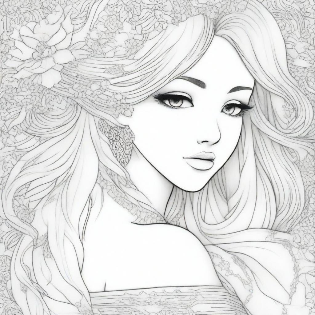 Create a detailed adult anime coloring page featuring a woman