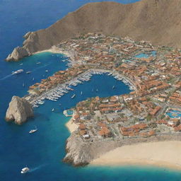 An animated, detailed map of the marina in Cabo San Lucas, showcasing various points of interest and directions to guide tourists.