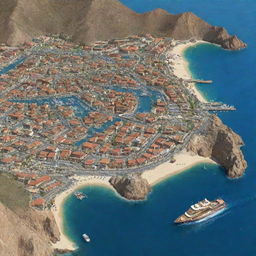 An animated, detailed map of the marina in Cabo San Lucas, showcasing various points of interest and directions to guide tourists.