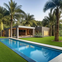 Luxurious dream home with modern architecture featuring a sprawling lawn, pristine swimming pool, and beautiful, spacious interiors.