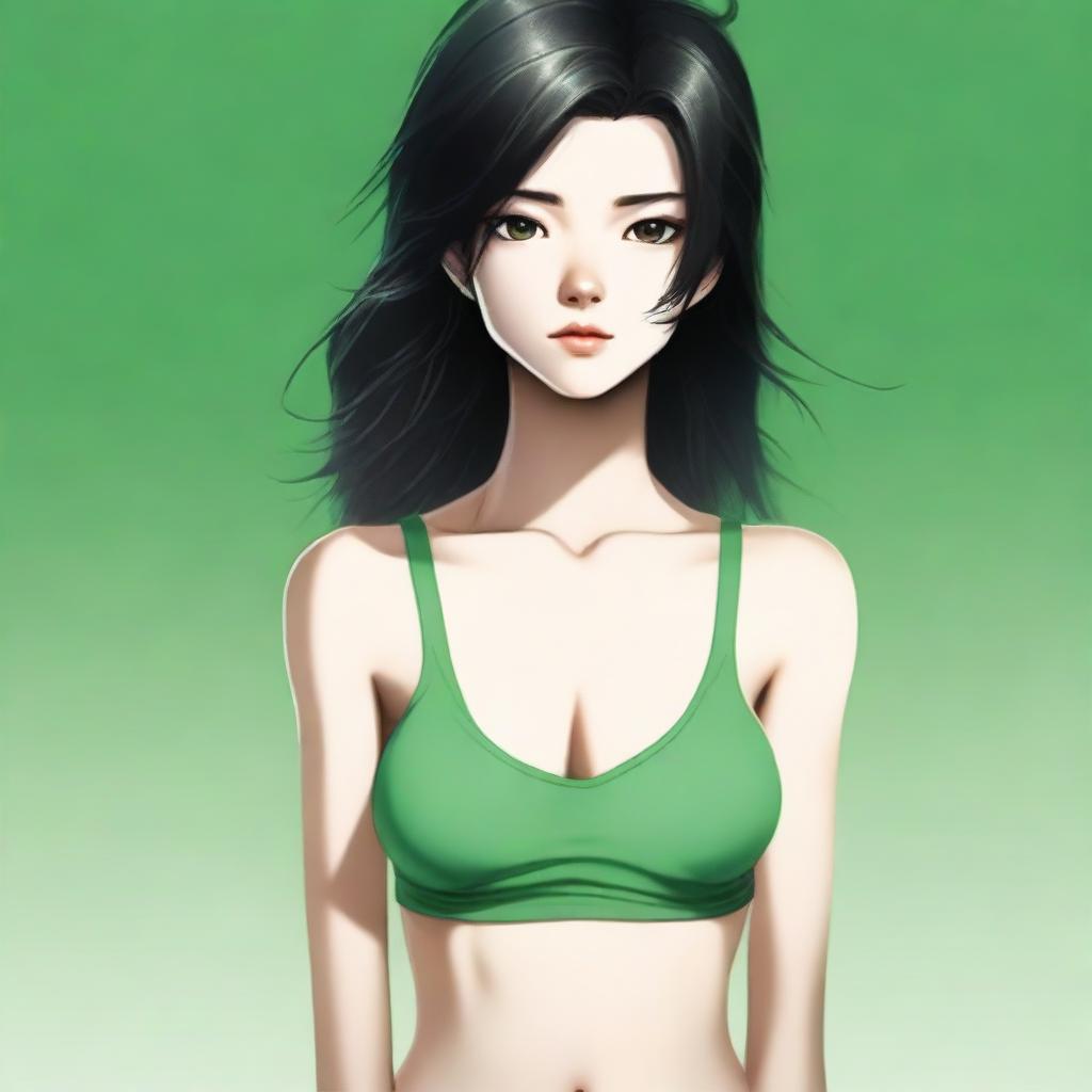 A realistic depiction of an 18-year-old with cute features, black shoulder-length hair, and white skin