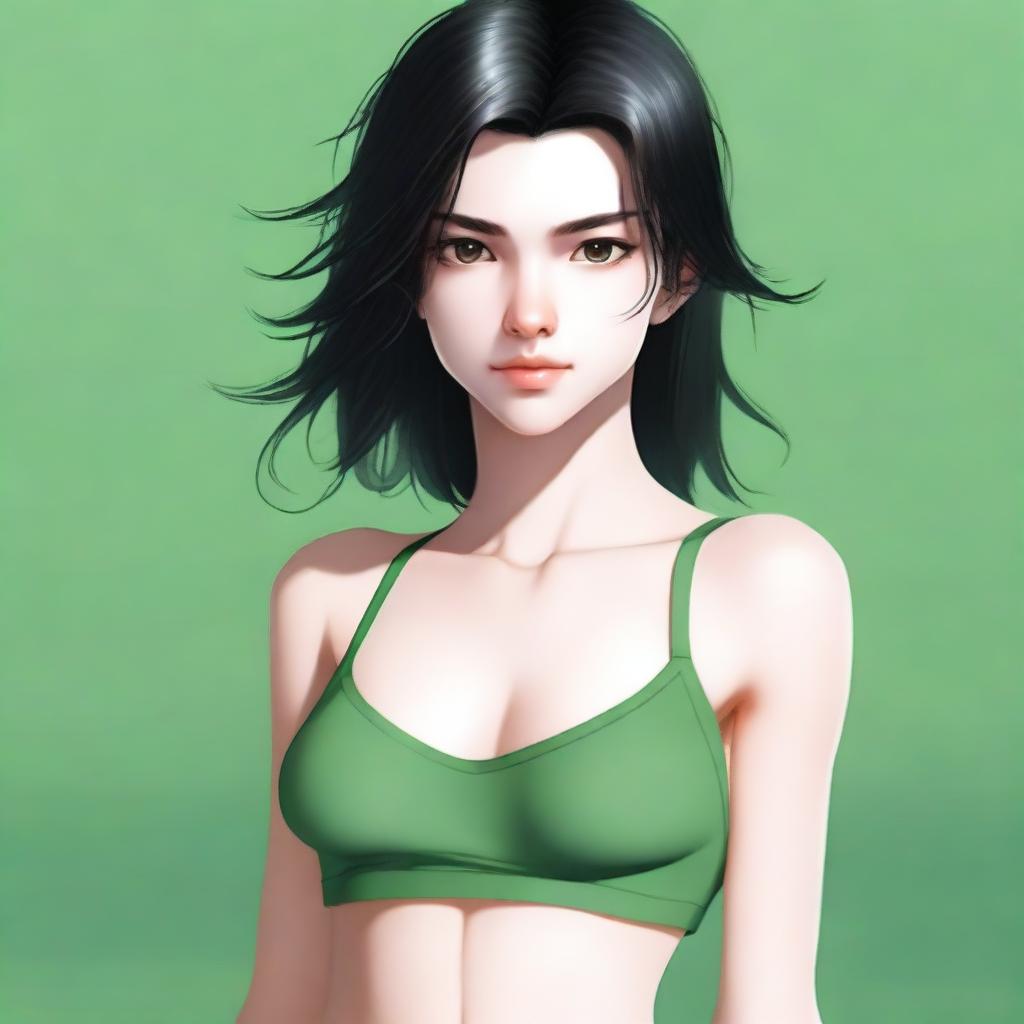 A realistic depiction of an 18-year-old with cute features, black shoulder-length hair, and white skin