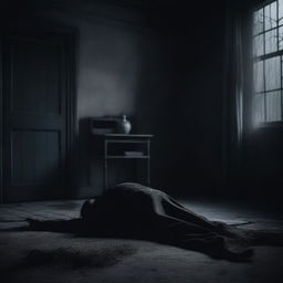 A scene depicting a corpse in a mysterious and eerie setting, with dark shadows and a somber atmosphere