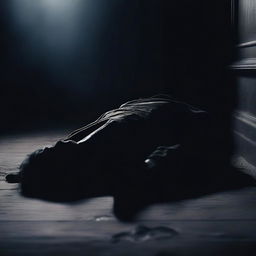 A scene depicting a corpse in a mysterious and eerie setting, with dark shadows and a somber atmosphere