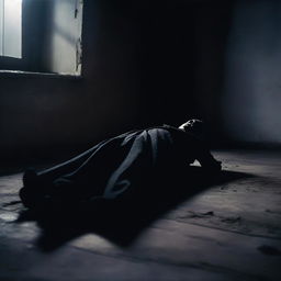 A scene depicting a corpse in a mysterious and eerie setting, with dark shadows and a somber atmosphere