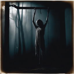 A somber image depicting a female corpse hanging from a noose, set against a dark and eerie background