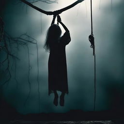 A somber image depicting a female corpse hanging from a noose, set against a dark and eerie background