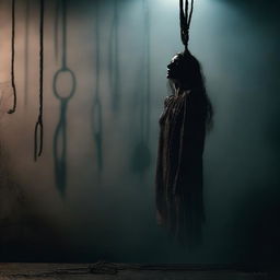 A somber image depicting a female corpse hanging from a noose, set against a dark and eerie background