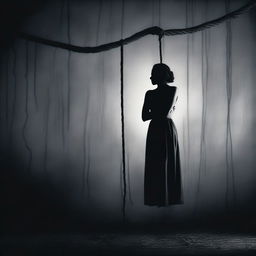 A somber image depicting a female corpse hanging from a noose, set against a dark and eerie background