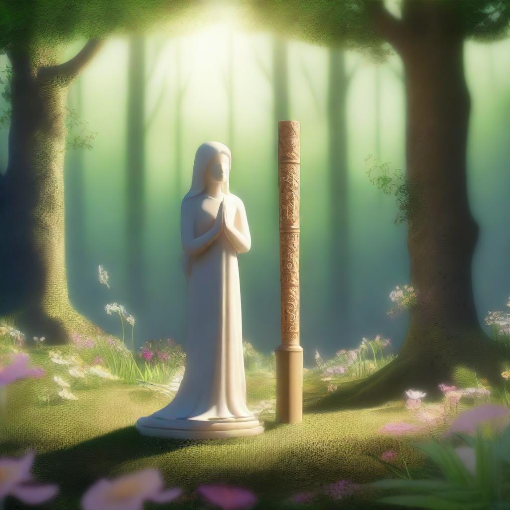 A serene and mystical scene featuring a flute standing upright in the ground, symbolizing a grave