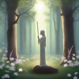 A serene and mystical scene featuring a flute standing upright in the ground, symbolizing a grave