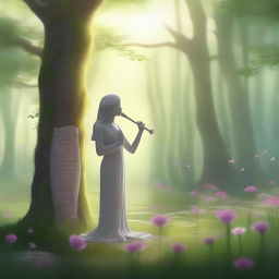 A serene and mystical scene featuring a flute standing upright in the ground, symbolizing a grave