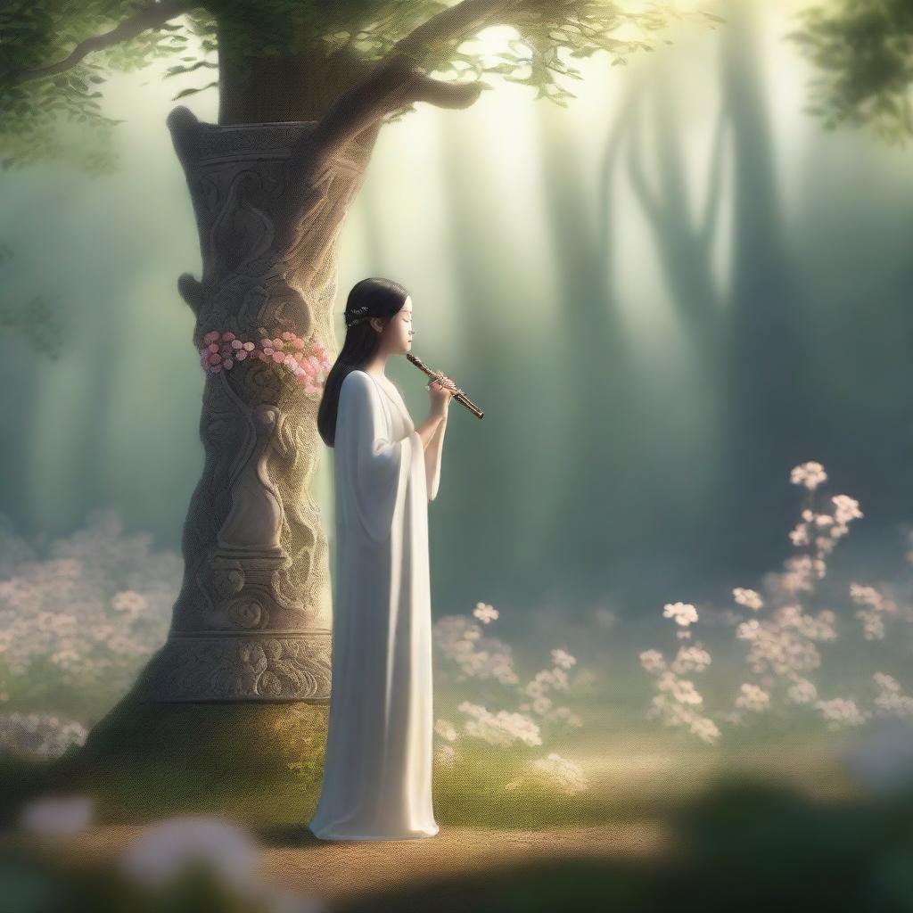 A serene and mystical scene featuring a flute standing upright in the ground, symbolizing a grave