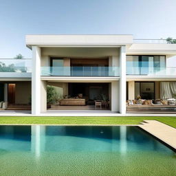 Luxurious dream home with modern architecture featuring a sprawling lawn, pristine swimming pool, and beautiful, spacious interiors.