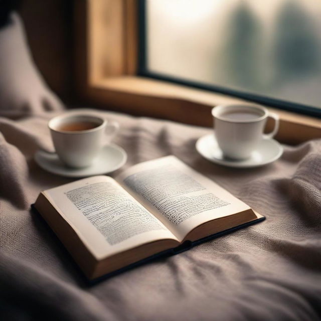 A serene and calming image of an open book with a poem written on its pages