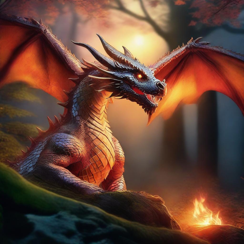 A majestic dragon breathing fire in a mystical, enchanted forest