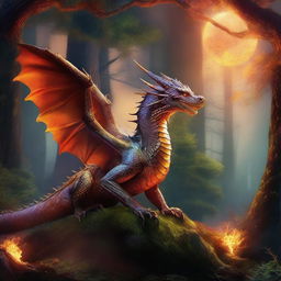 A majestic dragon breathing fire in a mystical, enchanted forest