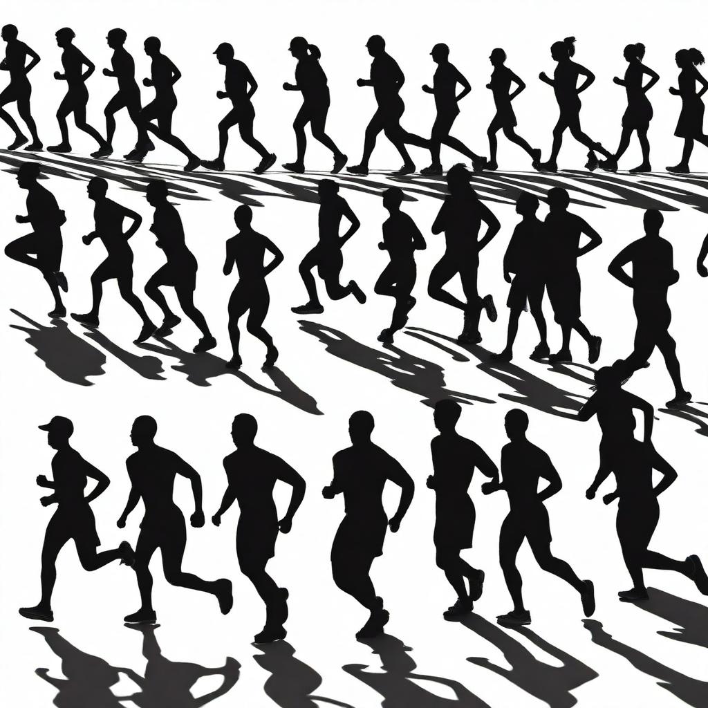 Create an image featuring many black color runner silhouettes standing before the start line, facing towards the viewer