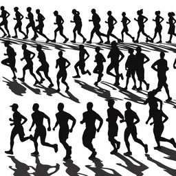 Create an image featuring many black color runner silhouettes standing before the start line, facing towards the viewer