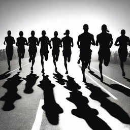 Create an image featuring many black color runner silhouettes standing before the start line, facing towards the viewer