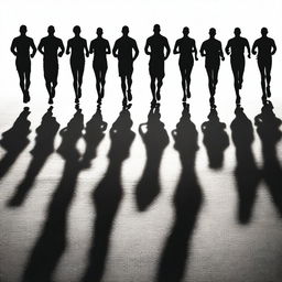 Create an image featuring many black color runner silhouettes standing before the start line, facing towards the viewer