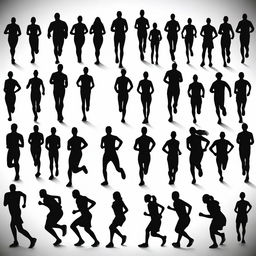 Create an image featuring many black color runner silhouettes standing before the start line, facing towards the viewer