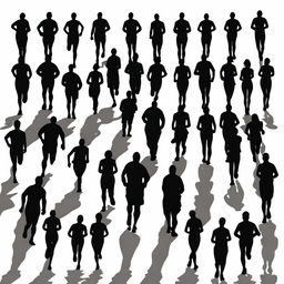 Create an image featuring many black color runner silhouettes standing before the start line, facing towards the viewer