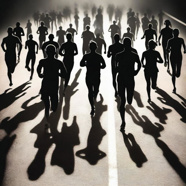 Create an image featuring many black color runner silhouettes standing before the start line, facing towards the viewer