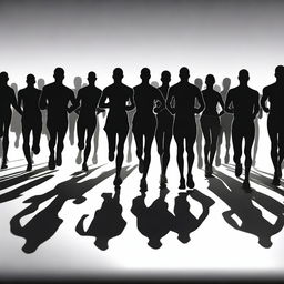 Create an image featuring many black color runner silhouettes standing before the start line, facing towards the viewer