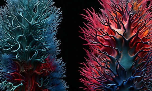 A 3D digital art piece imitating coral structure with lower half resembling frozen water or glass and upper half displaying fiery shades of orange and red with textures of artificial coral polyps.