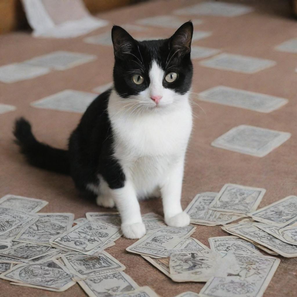 A small black and white cat next to a spread of tarot cards