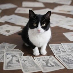 A small black and white cat next to a spread of tarot cards