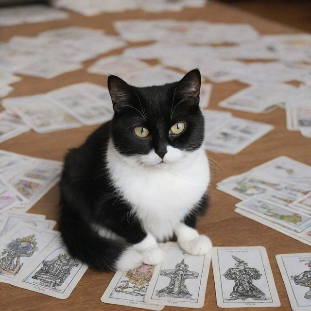 A small black and white cat next to a spread of tarot cards