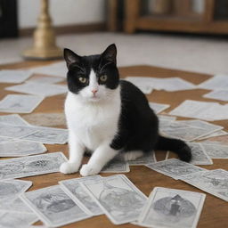 A small black and white cat next to a spread of tarot cards